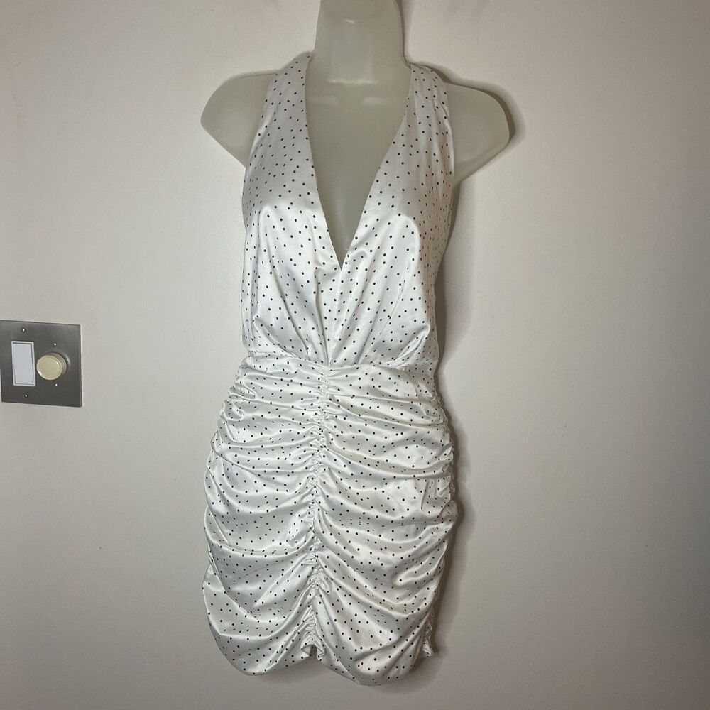 Zara Halter V Neck Mini Dress Polka Dots White Black Rouging Lined S